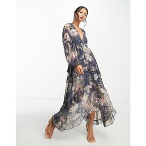 ASOS pleated layered tiered midi dress in navy floral print with lace trim sz 8